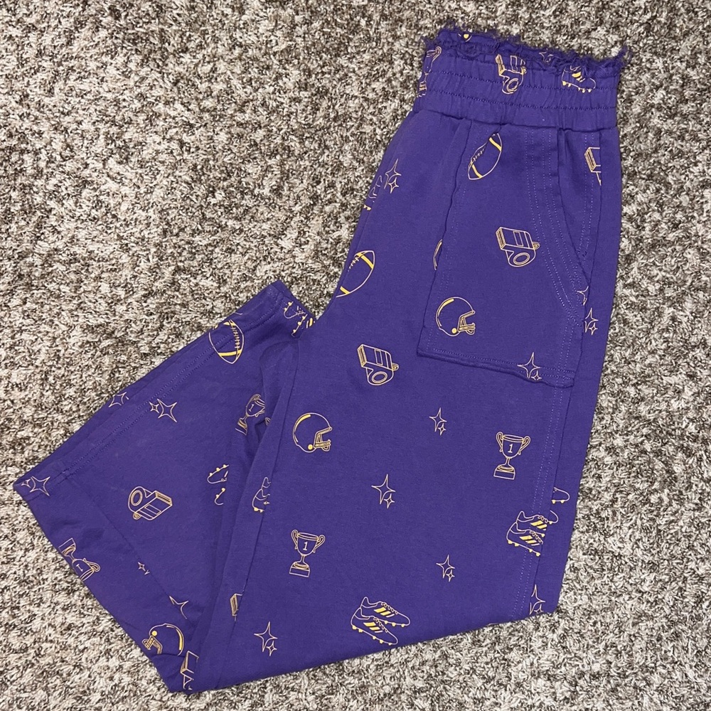 🏈Umgee Purple and Gold Wide Leg Terry Waistband Pants/Cropped Football Game Day - Picture 2 of 11